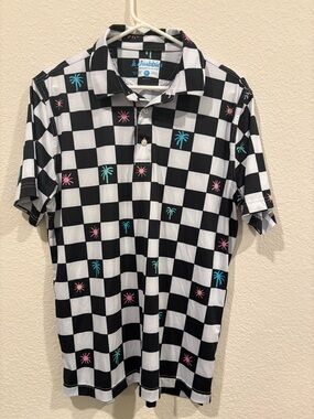 Chubbies Black & White Checkerboard Polo with Teal Palm and Pink Starburst